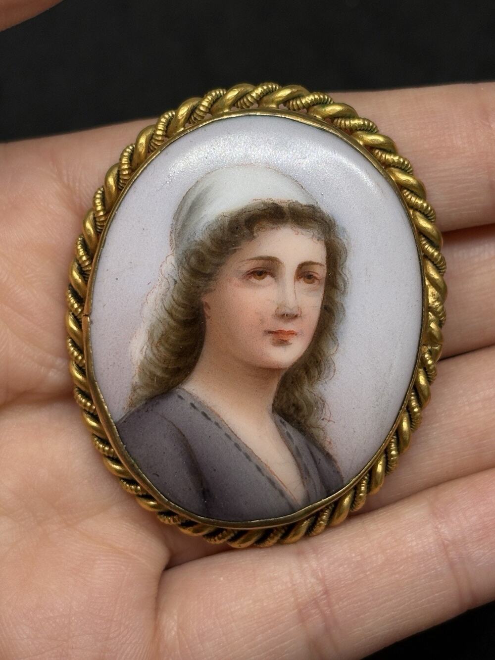 Antique Victorian Golden Porcelain Hand Painted Portrait of Noble Woman Brooch